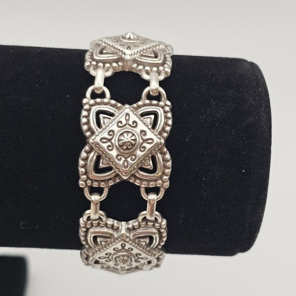 Brighton 7" Chunky Bracelet Medallion Panel Silver Tone Signed Vtg Raised Square - Picture 4 of 16